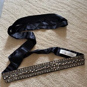 Oscar de la Renta Black Satin Belt with Embellishments